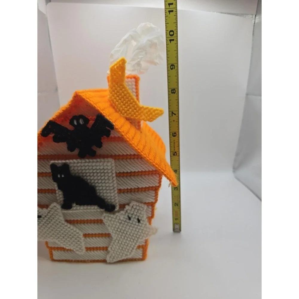 Handmade Needlepoint Plastic Canvas Tissue Box Cover  Halloween Cats/Ghosts Bats